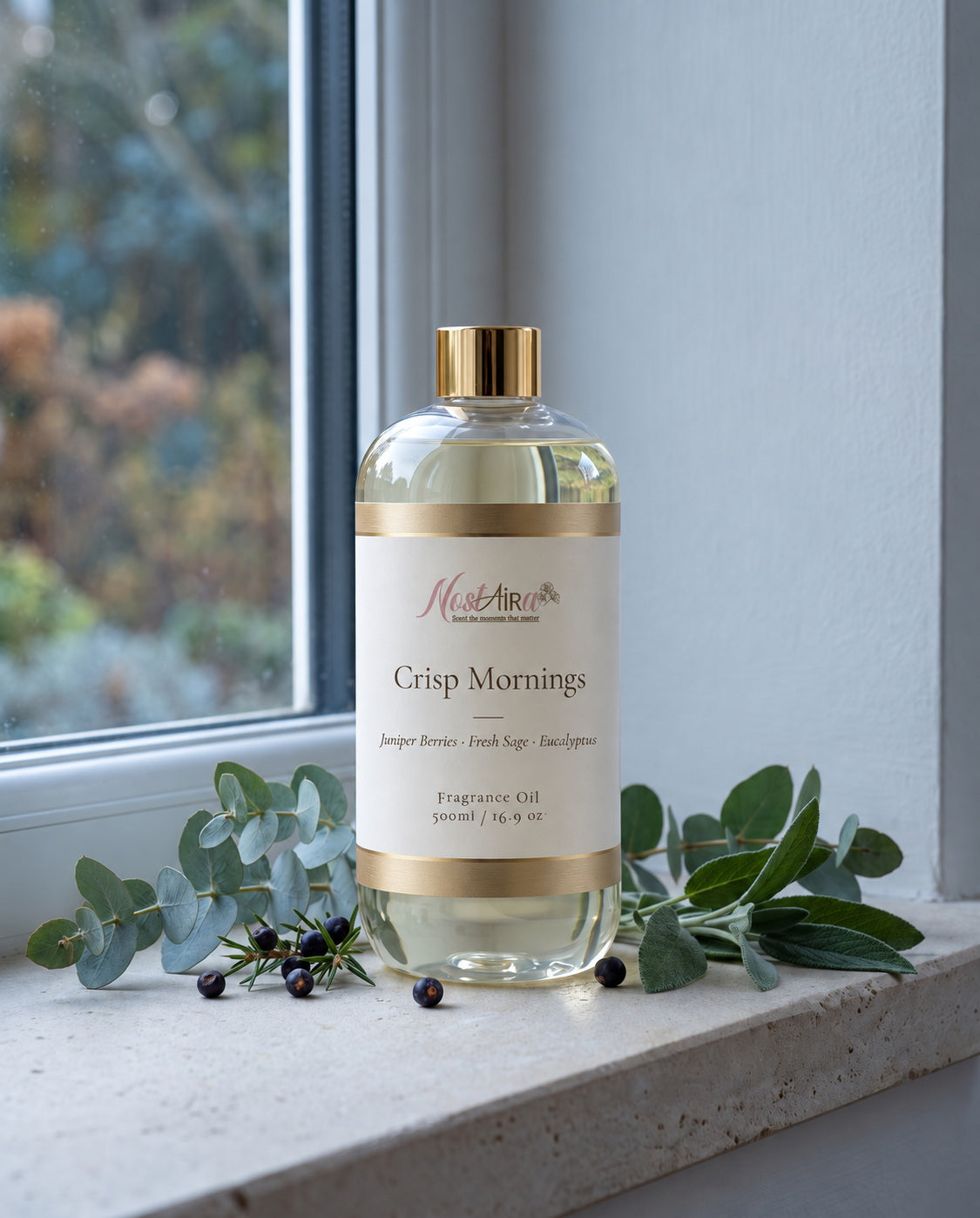 Crisp Mornings 500ml fragrance oil on a windowsill with eucalyptus, sage and juniper berries