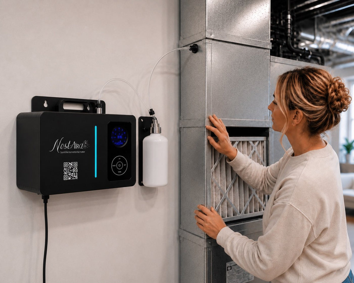 Nostaira Whole Home System installed beside an HVAC supply duct