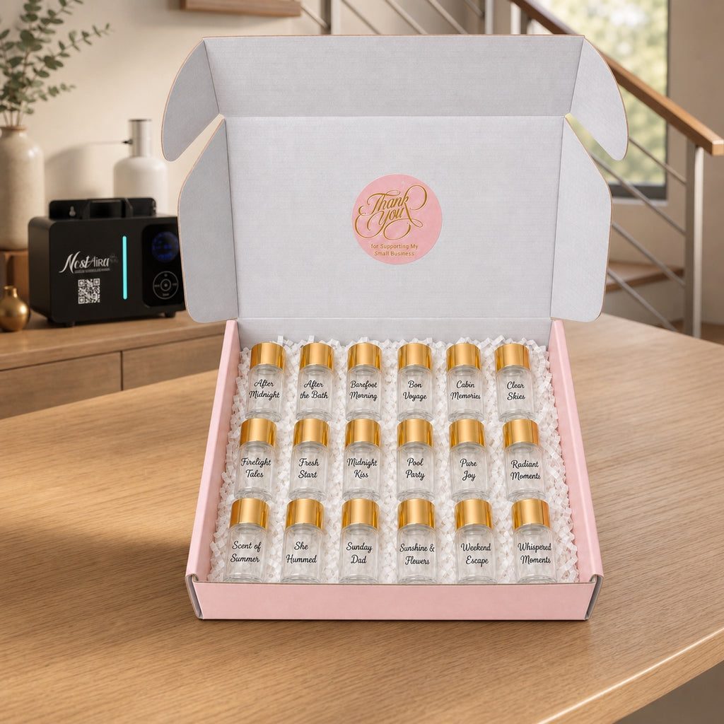 Nostaira 18-scent sample set displayed beside the whole-home scent unit